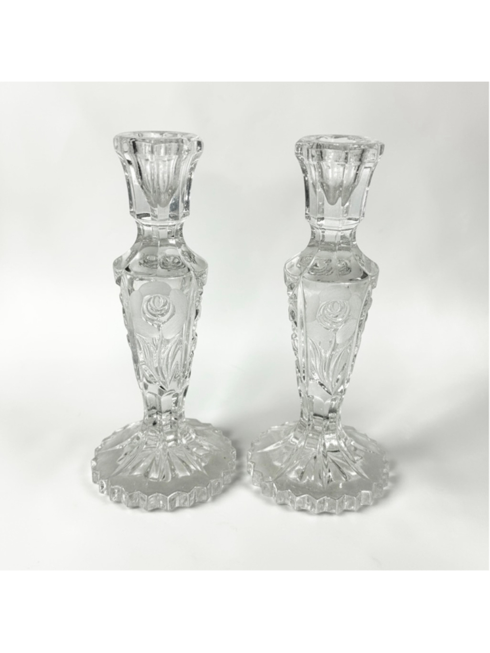 2 Clear Glass Single Candlestick Holders One Size Frosted Rose Ornate flower